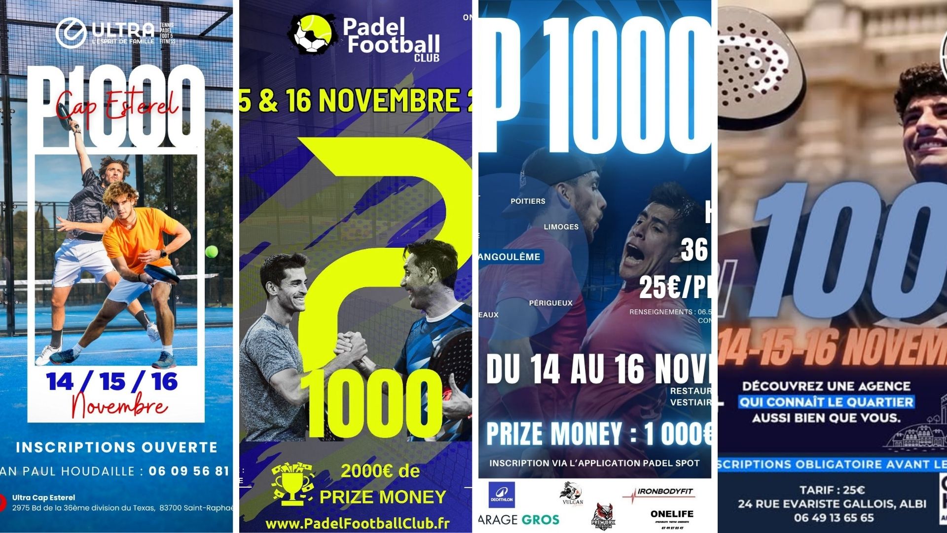 On seguir les finals dels P1000 d'Ultra Cap Esterel, Padel Spot Angoulême, Padel Football Noyelles-sur-Selle i Padel Tolosa Albi